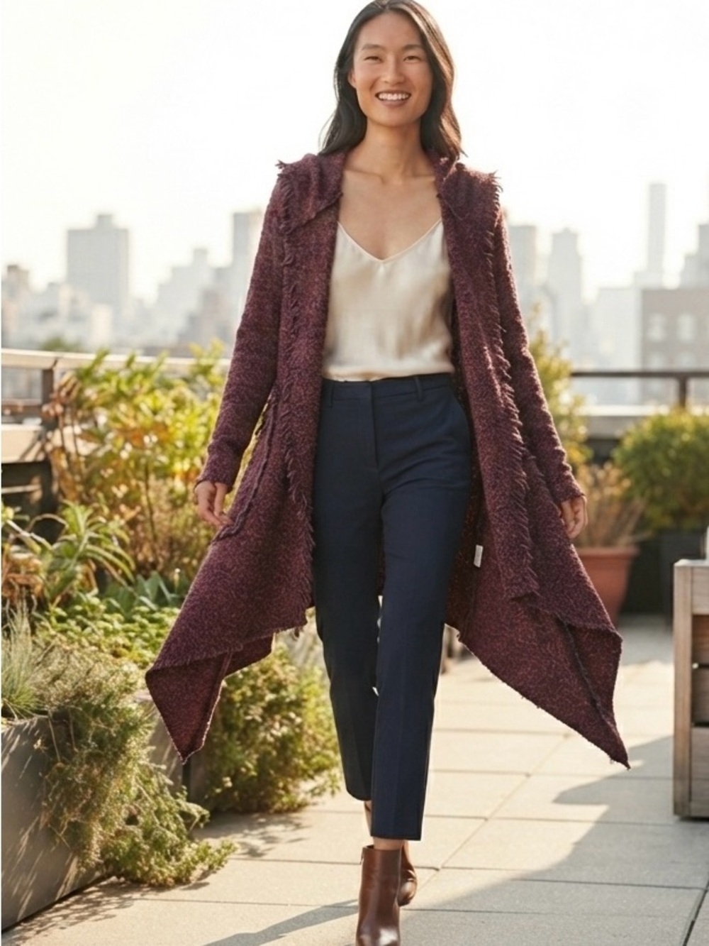 cut loose Burgundy and Black Bouclé Open Cardigan
